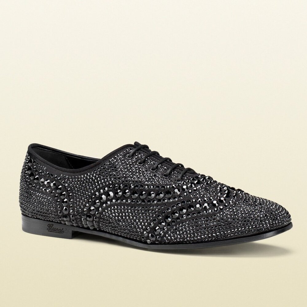 GUCCI SHOES BLACK LACE-UP LOAFERS SATIN WITH BLACK CRYSTALS sz 36.5 6.5